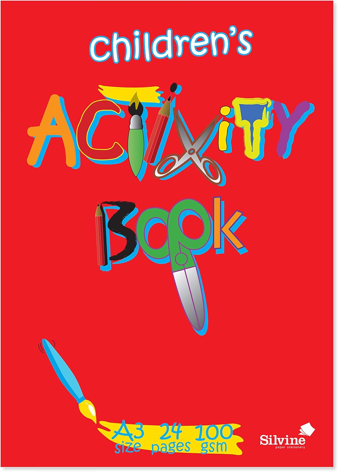 Silvine A3 Children's Activity Book. 24 Pages of 100gsm Smooth White Cartridge Paper (420 x 297mm), Red