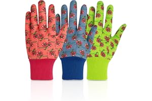 G & F Products JustForKids Garden Gloves, Soft Cotton Kids Work Gloves with Knit Wrist, Breathable & Dirt-Resistant, Assorted Colors Red/Green/Blue, Comfortable Fit, 3 Pairs per Pack for Outdoor Use