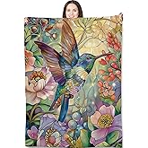 Hummingbird Throw Blanket for Adults Kids, 50x60 in, Colorful Stained Glass Bird and Floral Theme Flannel Blankets for Bedroom, Couch, Travel, Home Decor, Fuzzy Soft Cozy Warm Gifts