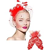 Boao Fascinator Hat for Women Feather Funeral Veil Hat Tea Party Derby Headband and Short Floral Lace Gloves