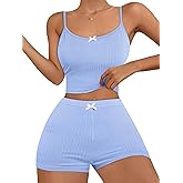 Hilinker Womens Graphic 2 Piece Pajama Set Summer Cute Crop Cami and Shorts Ribbed Lounge Sets