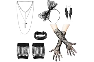 80s Costume Accessories Set, Fancy Dress Costume Lace Headband Earrings Necklace Bracelet Fishnet Gloves for 80s Retro Party