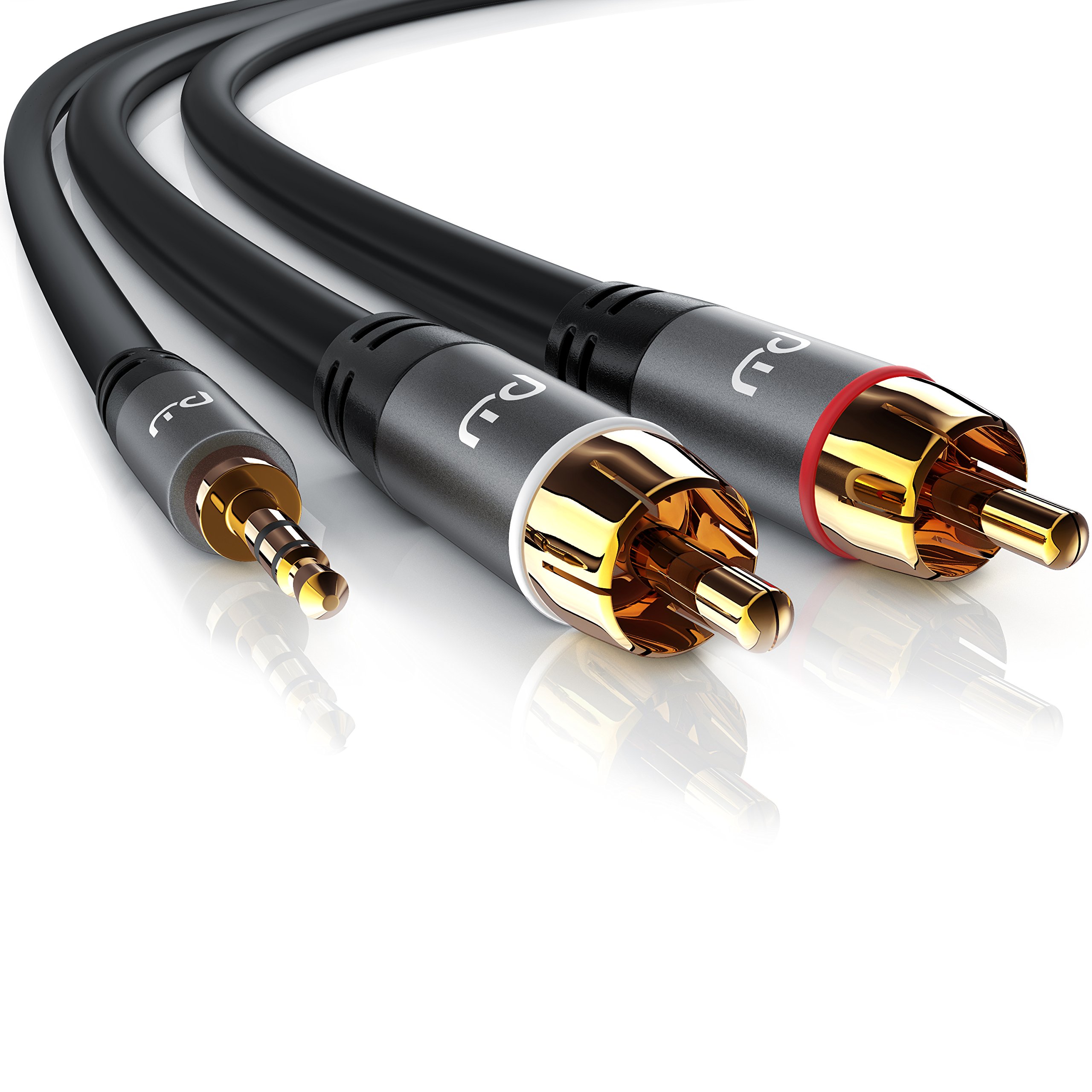 Primewire 2 RCA Phono to 3.5mm Stereo Jack Cable 7.5m - Y Audio Splitter - RCA Connector for Surround Sound Dolby Digital DTS - 1x Jack 3.5mm AUX to 2x Cinch RCA - Metal Shell Casing in Grey
