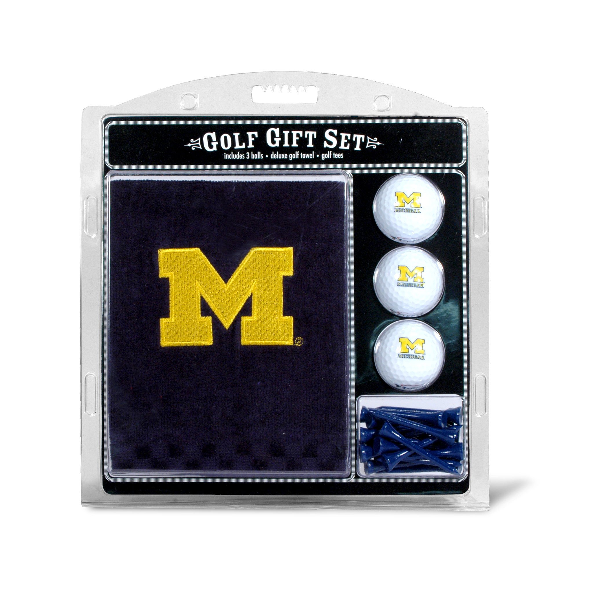 Team Golf NCAA Michigan Wolverines Gift Set: Embroidered Golf Towel, 3 Golf Balls, and 14 Golf Tees 2-3/4" Regulation, Tri-Fold Towel 16" x 22" & 100% Cotton