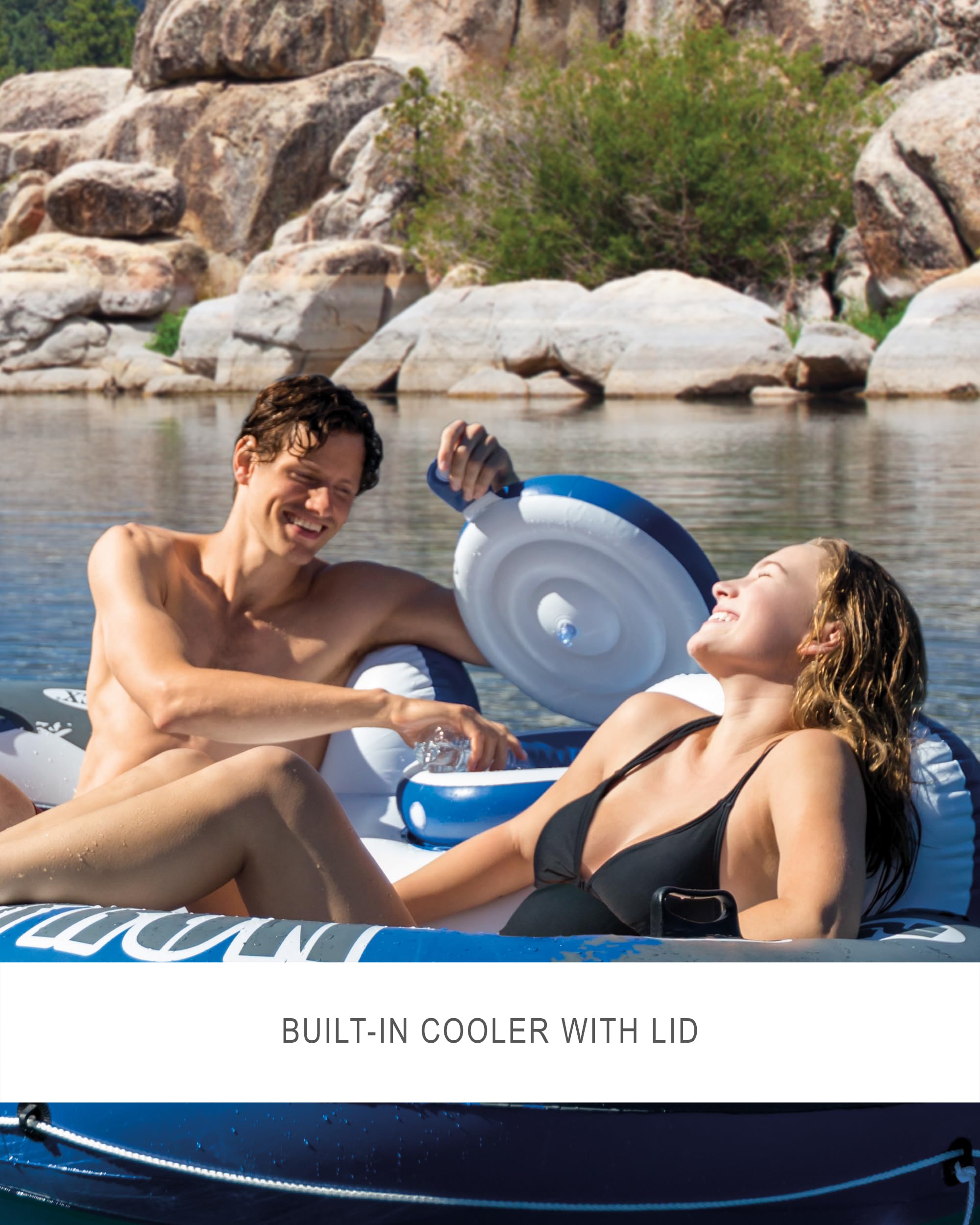 Intex 58837EP River Run 2 Inflatable Floating Lounge: Comfortable Backrests – Built-in Cup Holders – Cooler with Lid – 2 Person – 440lb Weight Capacity