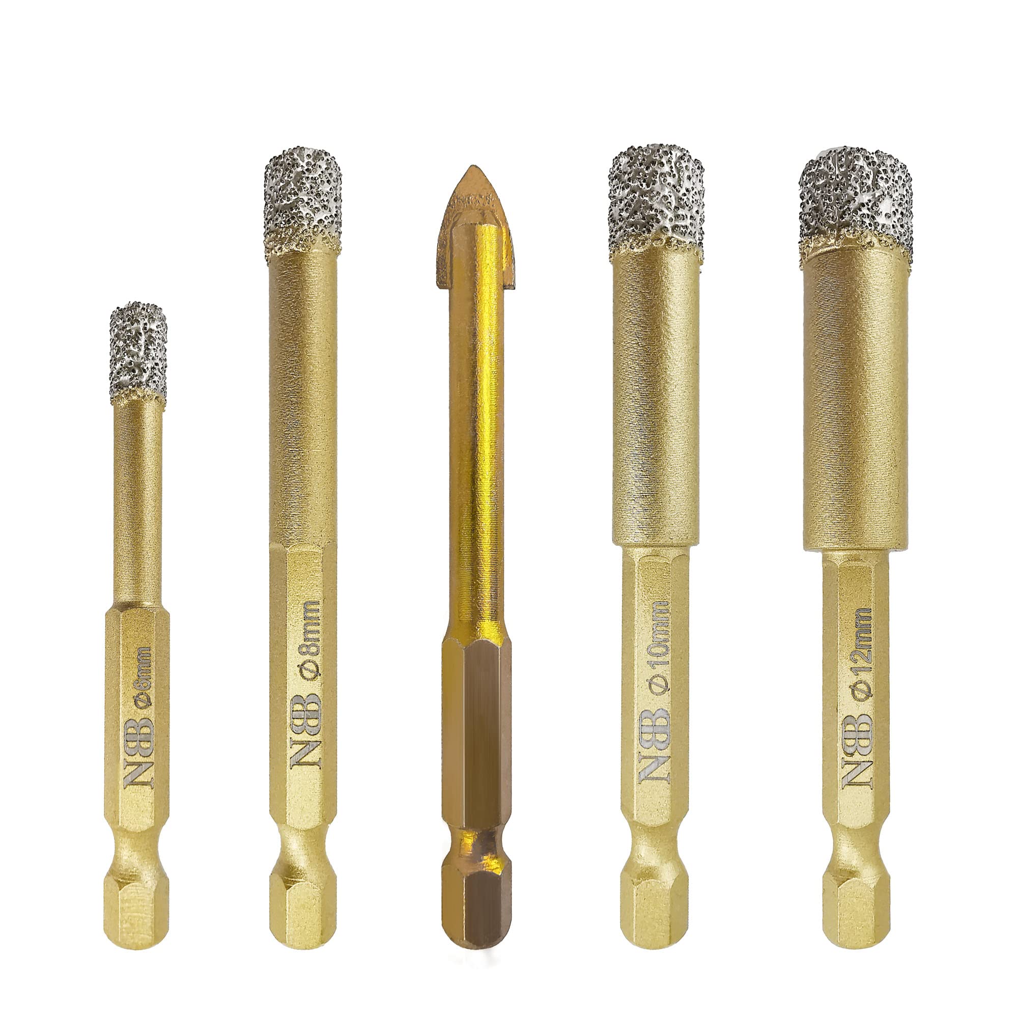 NBB Brazed Diamond Drill Bits with Hex Shank E6.3mm, Fast Connect, for Dry or Wet Drilling on Porcelain, Ceramic, Tile, Granite, Marble,Used on Pistol Drill or Bench Drill(6/8/10/12mm x1pc+Tile Drill)