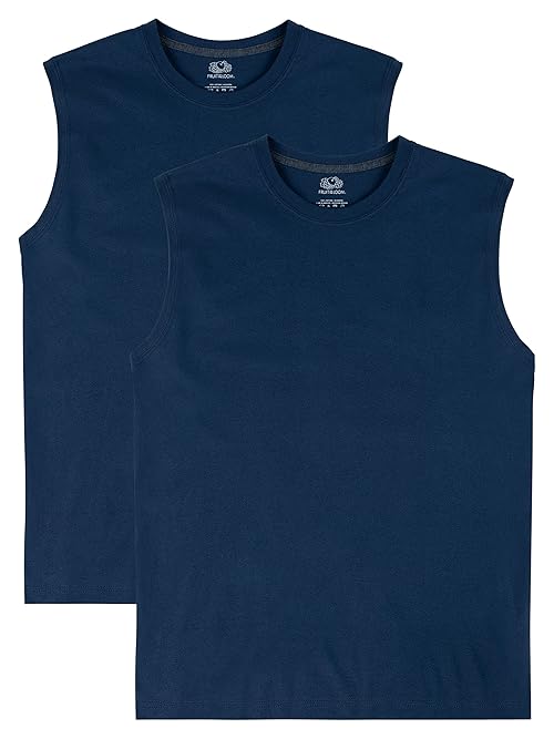 Fruit of the Loom Men's Eversoft Cotton Sleeveless T Shirts, Breathable & Moisture Wicking with Odor Control, Sizes S-4X, Muscle-2 Pack-Navy, XX-Large