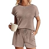 Ekouaer Pajamas Set for Women 2 Piece Pjs Ribbed Knit Lounge Set Cap Sleeve Loungewear Sleepwear S-XXL