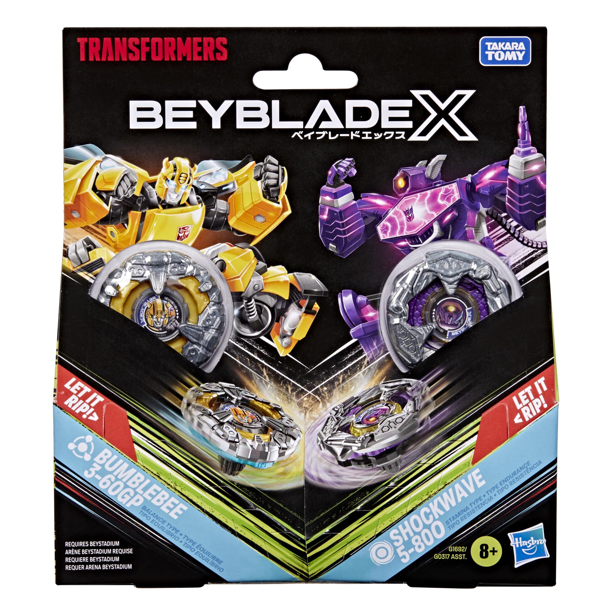 Beyblade X and Transformers Collab, Bumblebee 3-60GP vs. Shockwave 5-80O, 2 Takara Tomy Tops, 2 Launchers, Battling Top Game Toys, Ages 8+ (Amazon Exclusive)