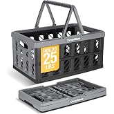CleverMade Collapsible Shopping Basket With Handles, 24L 1 Pack, Stone | Collapsible Crate For Storage | Rigid Walls Keep Groceries Upright | Stack Securely | Fold to 2.25 Inches