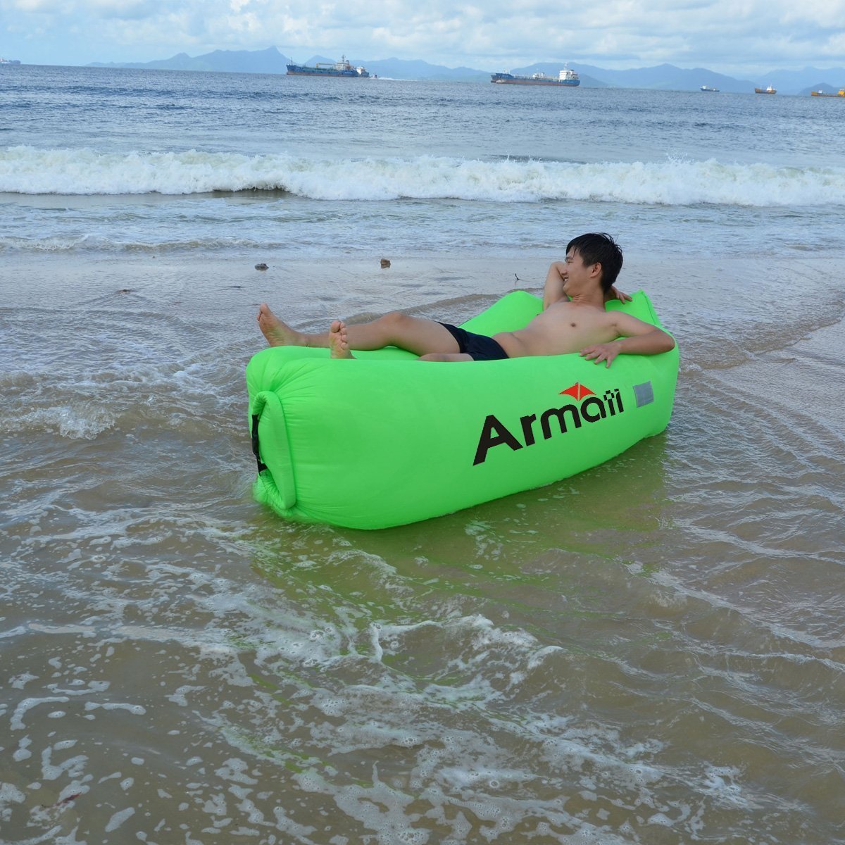 Armati Inflatable Lounger Patented Comfortable Headrest, Indoor or Outdoor Air Sofa, Camp Bedding, Hammock,Air Mattress with Carry Bag, Securing Stake and Bottle Opener (apple green)