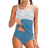 Girls Swimsuit Adjustable Straps Two Piece Tankini Set Criss Cross Ruched Drawstring Teen Bathing Suits for Girls 9-16Y