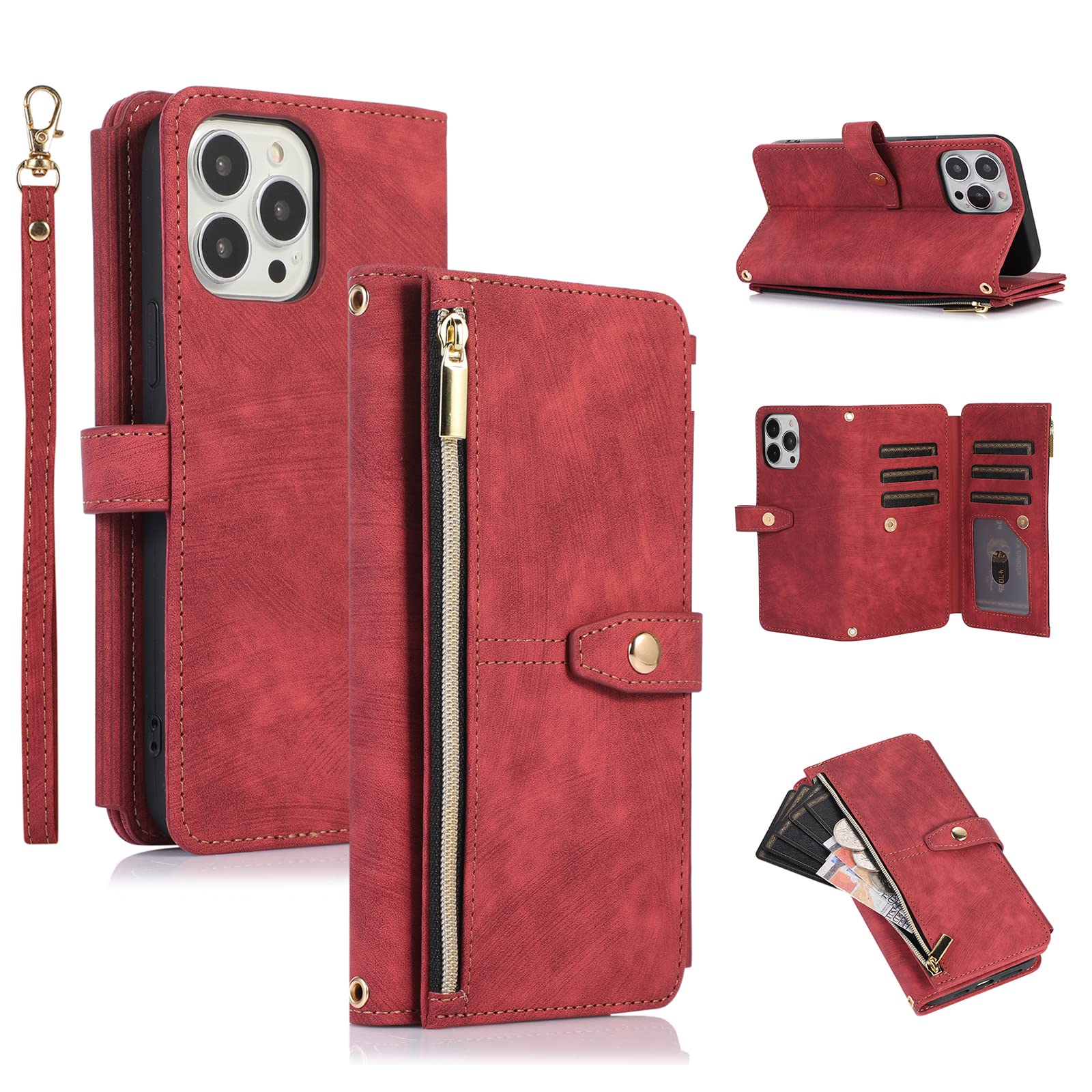UEEBAI Case for iPhone 12 Pro Max 6.7 inch, 9 Card Slots Retro Leather Wallet Shockproof Flip Cover with Hand Strap Card Slots Zipper Pocket Kickstand Handbag Magnetic Closure - Vintage Red