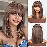 HAIRCUBE Staright Wig with Bangs Synthetic Mid-length Layered Wigs for Women Ligt Brown Color