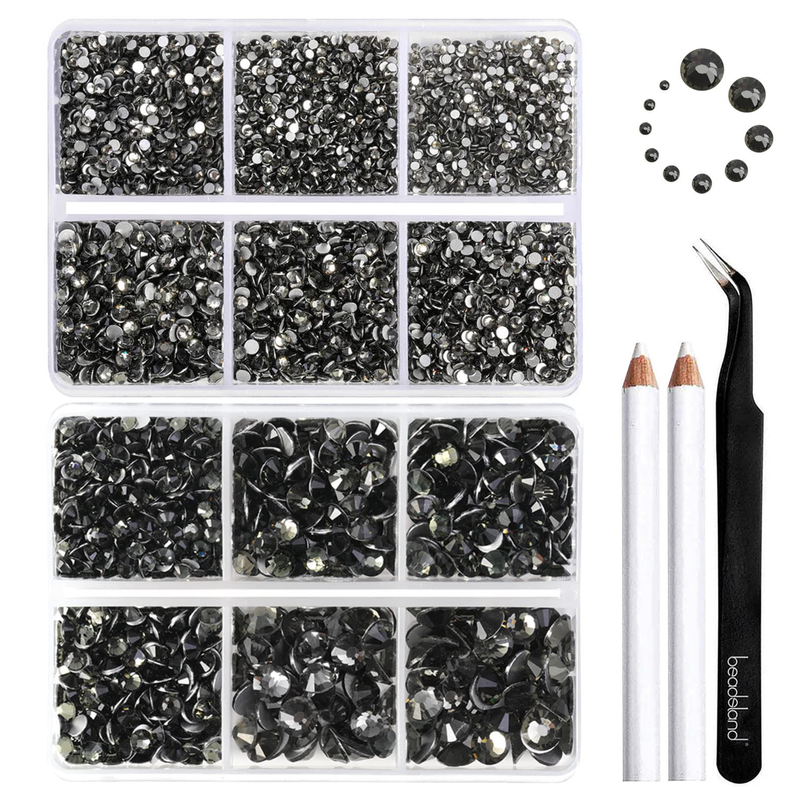Beadsland 8300PCS Flatback Rhinestones, Gray Rhinestone Nail Gems Round Crystal Rhinestones for Crafts, Mixed 10 Sizes with Wax Pencil and Tweezer Kit, SS3-SS30, Black Diamond