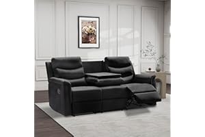 Leiln.z 3-Seater Black PU Recliner Sofa with 2 Cup Holders and Reversible Center Back Theater Seating Furniture Sofa Bed (Black)