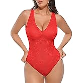 FeelinGirl Lace V Neck Bodysuit for Women Tummy Control Floral Sheer Mesh Corset Shapewear Red XL