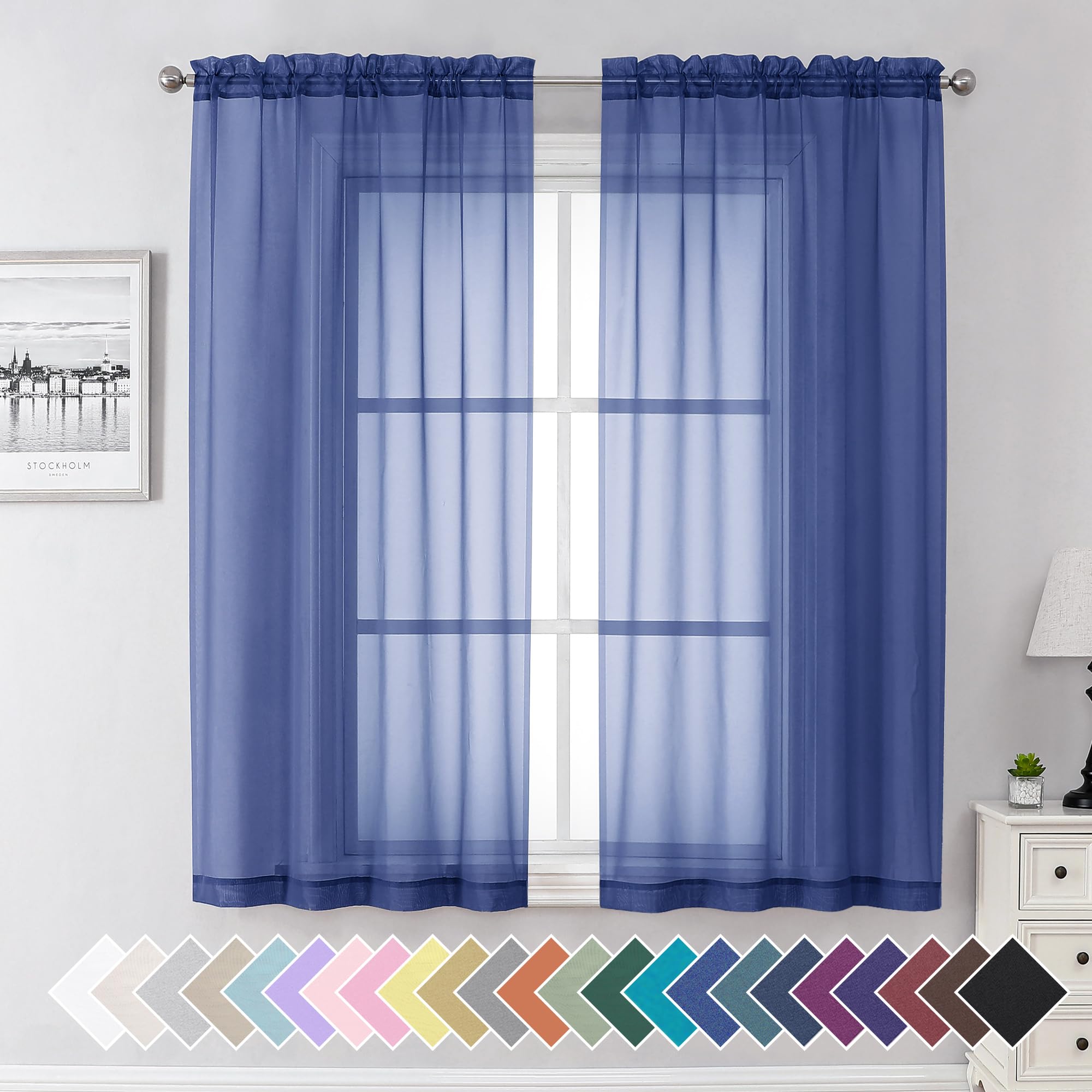 Photo 1 of Aiyufeng Royal Blue Sheer Curtains 63 Inch Length 2 Panels Set, Semi Transparent Voile Dark Blue Sheer Window Drapes for Bedroom Bed Canopy Living Room Dining Wedding Party Backdrop, 40W x 63L inch