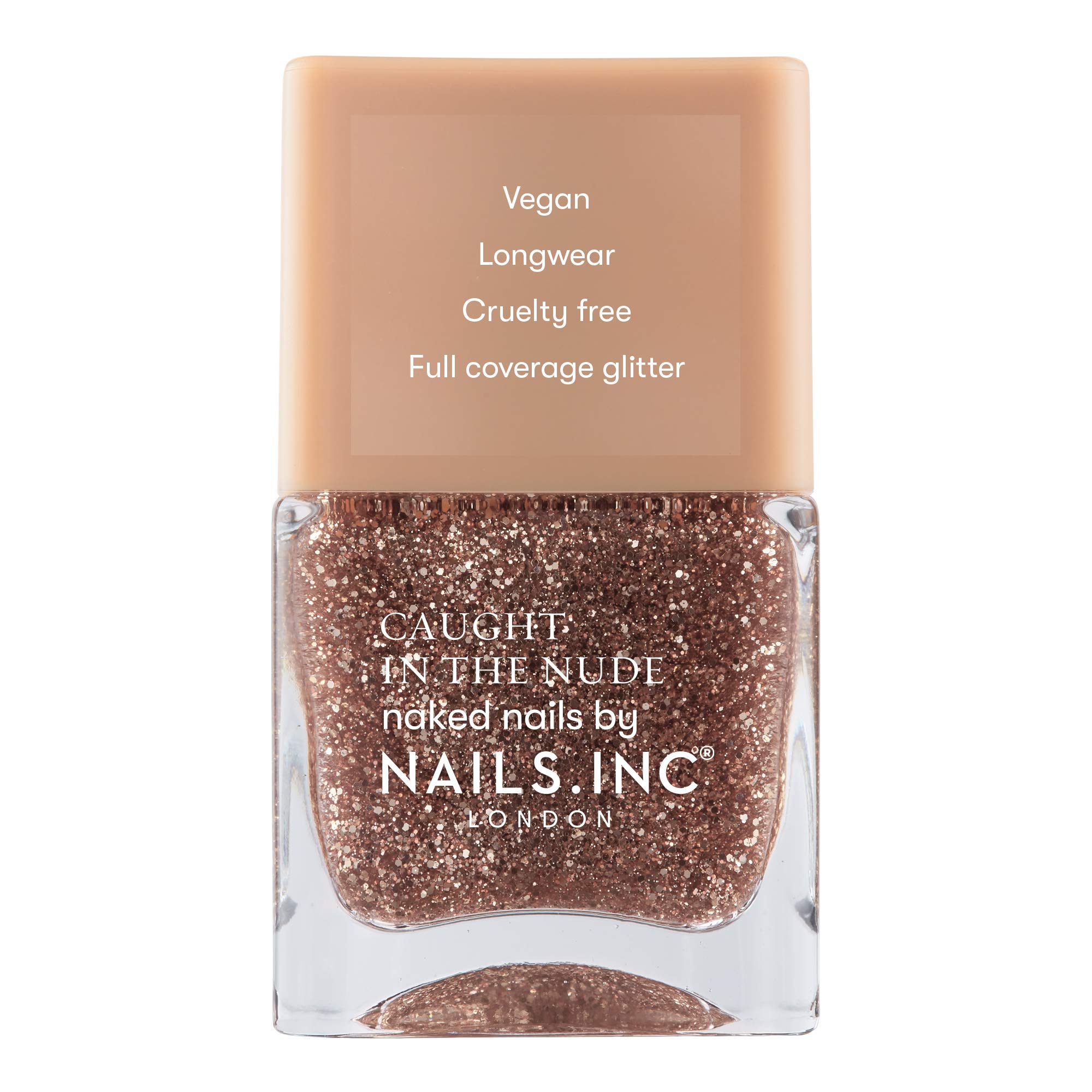 Nails Inc Caught In the Nude, Santa Monica, Gold Glitter, AHA Infused, No Chip, Long Lasting, Quick Dry, Air Dry, Professional Manicure & Pedicure, Fingernail & Toenail, Vegan Nail Polish, 14 ML