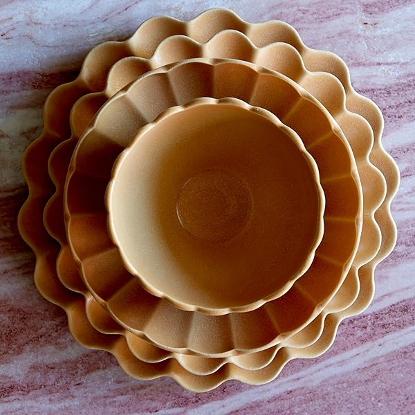 LEMIEUX ET CIE DHALIA 4-PIECE BOWL SET STONEWARE, BOWLS, DISHWASHER AND MICROWAVE SAFE, DISH SET FOR 4, CAMEL
