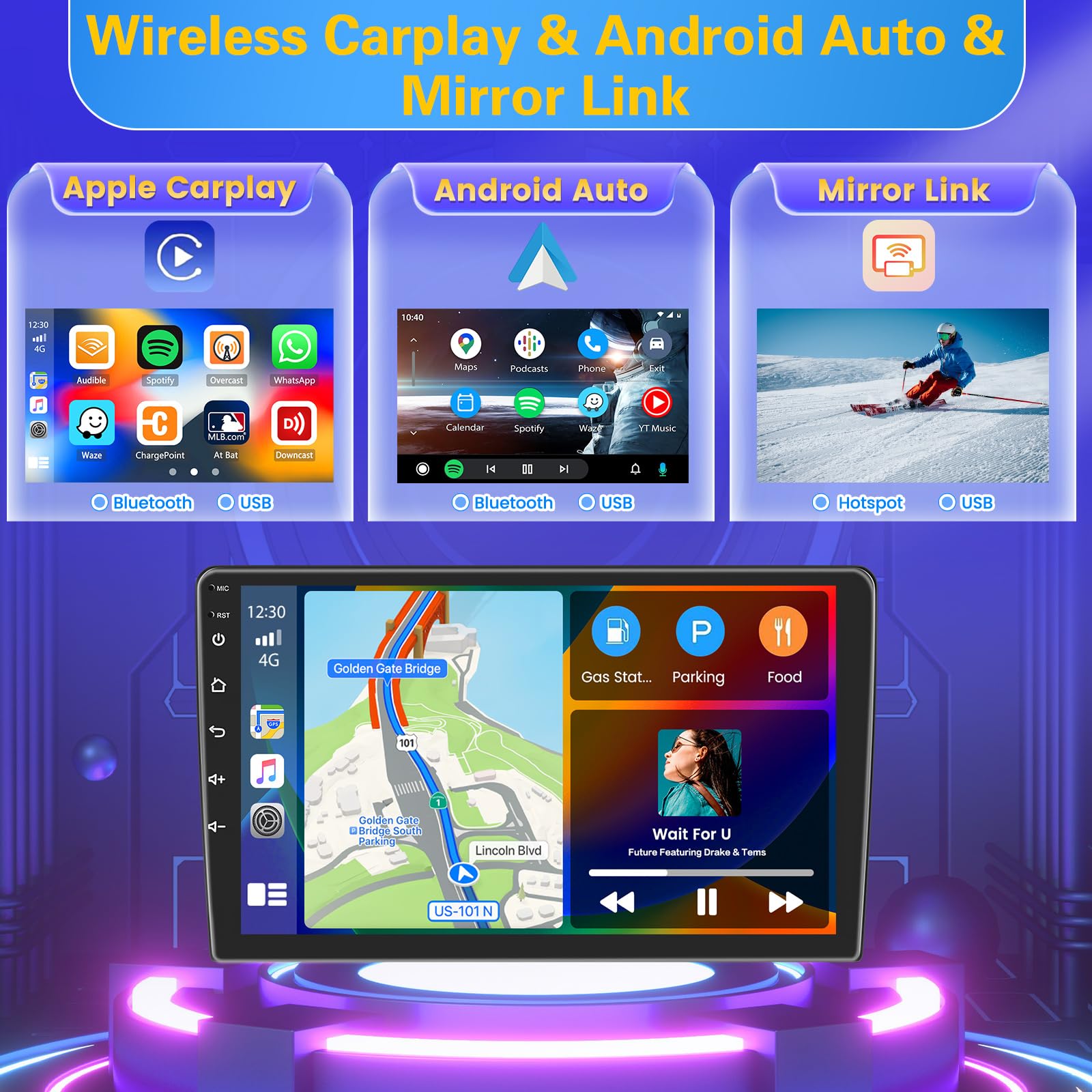 8 Core 4+64GB Android Car Stereo Double Din Wireless Carplay Android Auto, [Support SIM Card] 9 Inch Touch Screen Car Radio WiFi, GPS Bluetooth 5.0 AM/FM/RDS Mic Backup Camera EQ DSP