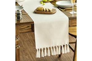 Artoid Mode Beige Tassel Table Runner, Boho Linen Blend Rustic Farmhouse Style Kitchen Table Decoration Holiday Wedding Party