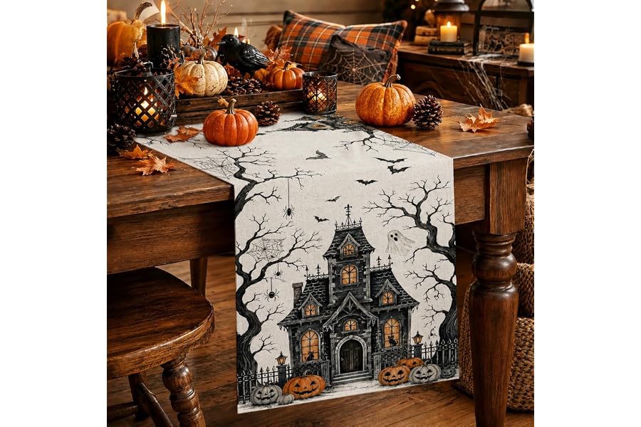Halloween Table Runner 13x72in, Haunted House Dresser Runner for Home Decor | Colorful Rectangle Table Runner, Linen-Like Texture for Home Party Seasonal Table Decoration and Halloween Decor