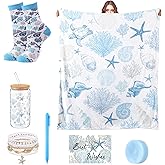 Acellegic Ocean Beach Birthday Gift Set for Women Throw Blanket 50 x 60 Inch Starfish Seashell Coral Themed Include Bracelet, Card, Pen, Soap, Glass Tumbler, Socks for Her Friend Mom Thinking of You