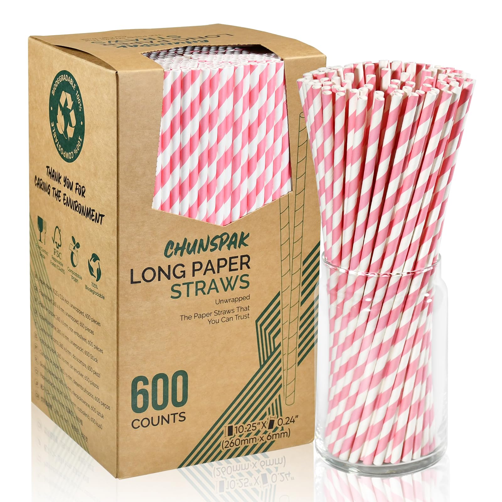 Lives on Green Extra Long Disposable Paper Straws, Pink and White Striped, 26 x 0.6 cm, Pack of 600 - for Drinking, Birthdays, Parties, Decorations, Bars, Restaurants — image 1