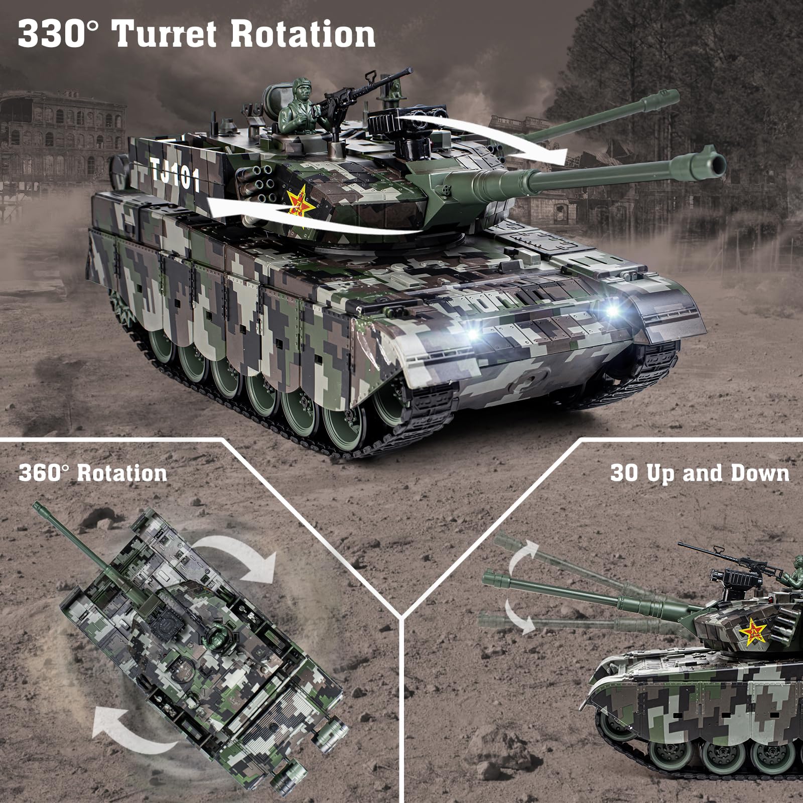 1:18 RC Tank, 2.4Ghz Chinese 99 Main Remote Control Battle Tank, 15 Channel RC Vehicle Army Toy with Smoke, Light and Sound, Military Truck for Adults and Kids That Shoots BBS and Water Bombs