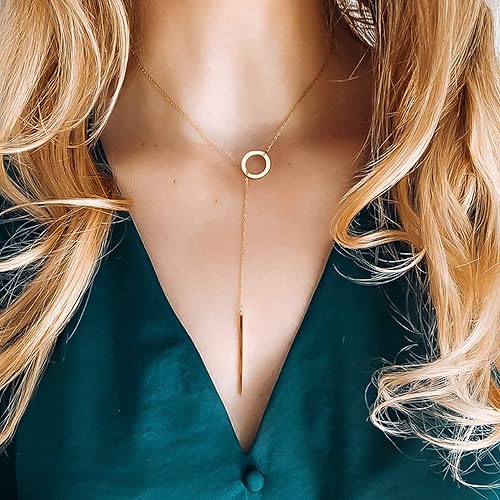 Tewiky Lariat Necklace for Women, Dainty Long Necklaces 14k Gold