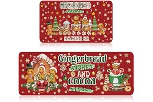 Ceenna 2 Pcs Gingerbread Man Christmas Kitchen Rugs and Mats Set 17 x 30, 17 x 47 Inch Gingerbread Wishes and Cocoa Kisses Holiday Christmas Decorations Sink Floor Mat Kitchen Bathroom Floor for Home