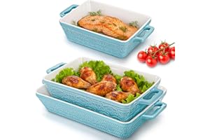 Hacaroa Set of 3 Ceramic Baking Dishes, Rectangular Bakeware with Handles, Elegant Casserole Dish Set Lasagna Pan for Baking,