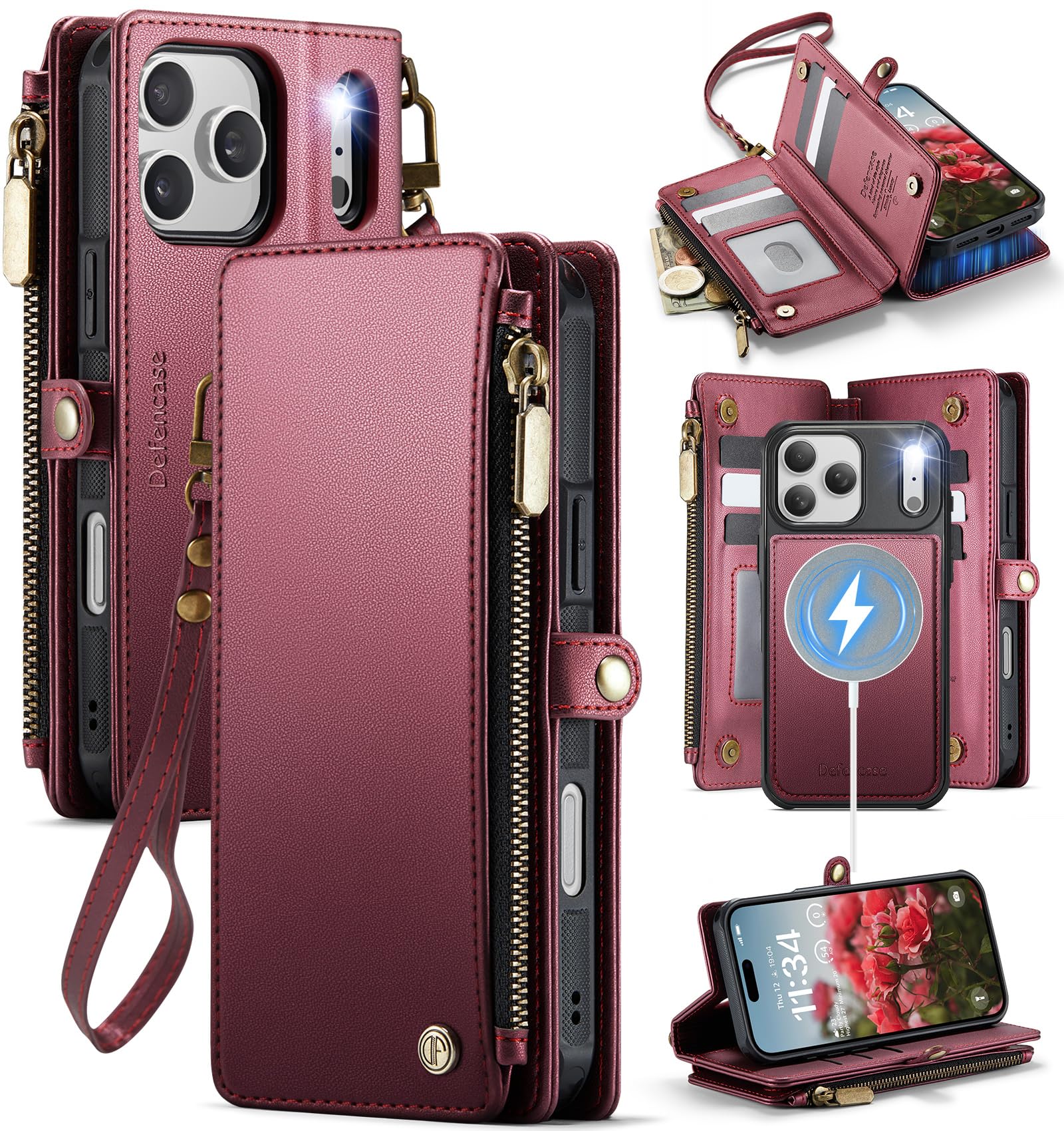 View 1 of Defencase for iPhone 17 Pro Max Magnetic Wallet Case Compatible with Magsafe with RFID Blocking Zipper & Card Holder for Women Men PU Leather Strap Detachable Case for iPhone 17 Pro Max 6.9", Wine Red