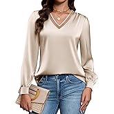 Blooming Jelly Womens Silk Business Dressy Casual Blouses Lace V Neck Long Sleeve Fall Tops Work Pleated Trendy Outfits