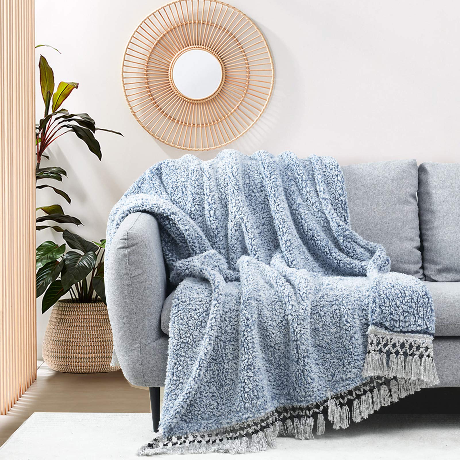 HORIMOTE HOME Ultra Soft Cozy Fleece Sherpa Throw Blanket, Lightweight Warm Throw with Tassel, Ombre Blue Pattern Reversible Boho Blanket for Sofa, Couch, Bedroom,Travel, 127x152cm — image 1