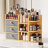 Large Makeup Organizer For Vanity, Large Capacity 3 Tiers Bamboo Bathroom Counter Organizers and Storage, Countertop Makeup Brush Holder, Nail Polish Perfume Stand with 3 Drawers and 10 Compartments
