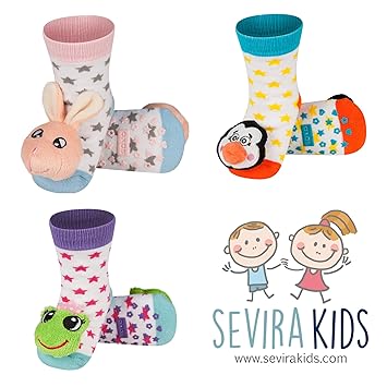 3 Paar Socken Krabbelsocken mit 3D-Applikation rutschfest ABS – ab der Geburt – 24 Monate – verschiedene Farben