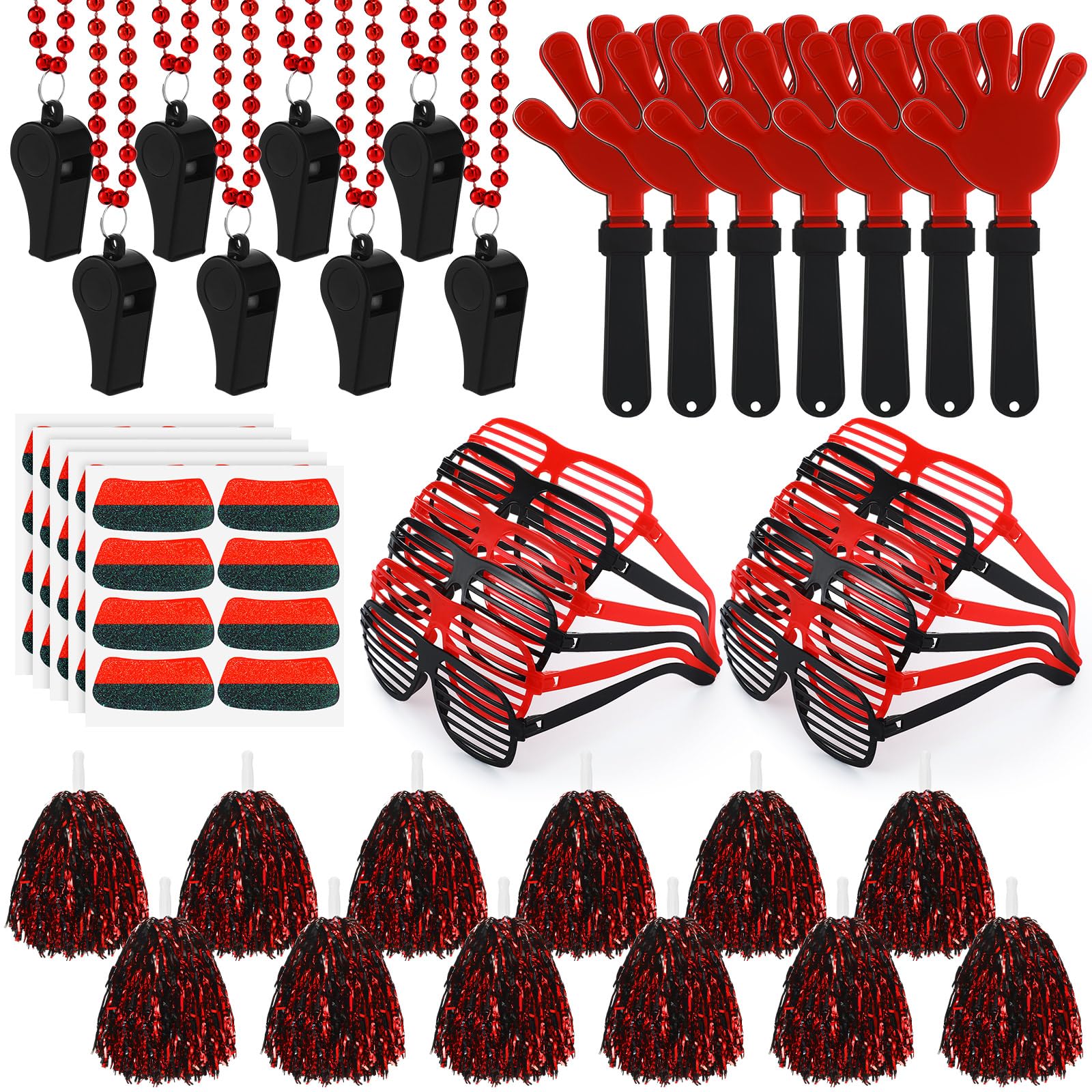Realspring 148 Pcs School Spirit Items Bulk Team Spirit Week Accessories Include Hand Clappers Noisemakers Whistles Cheerleading Pom Poms Shutter Glasses Eye Black Sticker for Sports