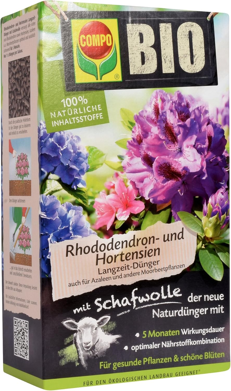 COMPO BIO Rhododendron- und Hortensiendünger für alle Rhododendren und andere Morbeetpflanzen, 5 Monate Langzeitwirkung, 2 kg