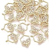 FASHEWELRY 30pcs Hollow Hexagon Cubic Zirconia Links 18K Gold Brass CZ Stone Crystal Pendants Connectors With Double Loops for Bracelet Necklace Earring Craft Jewelry