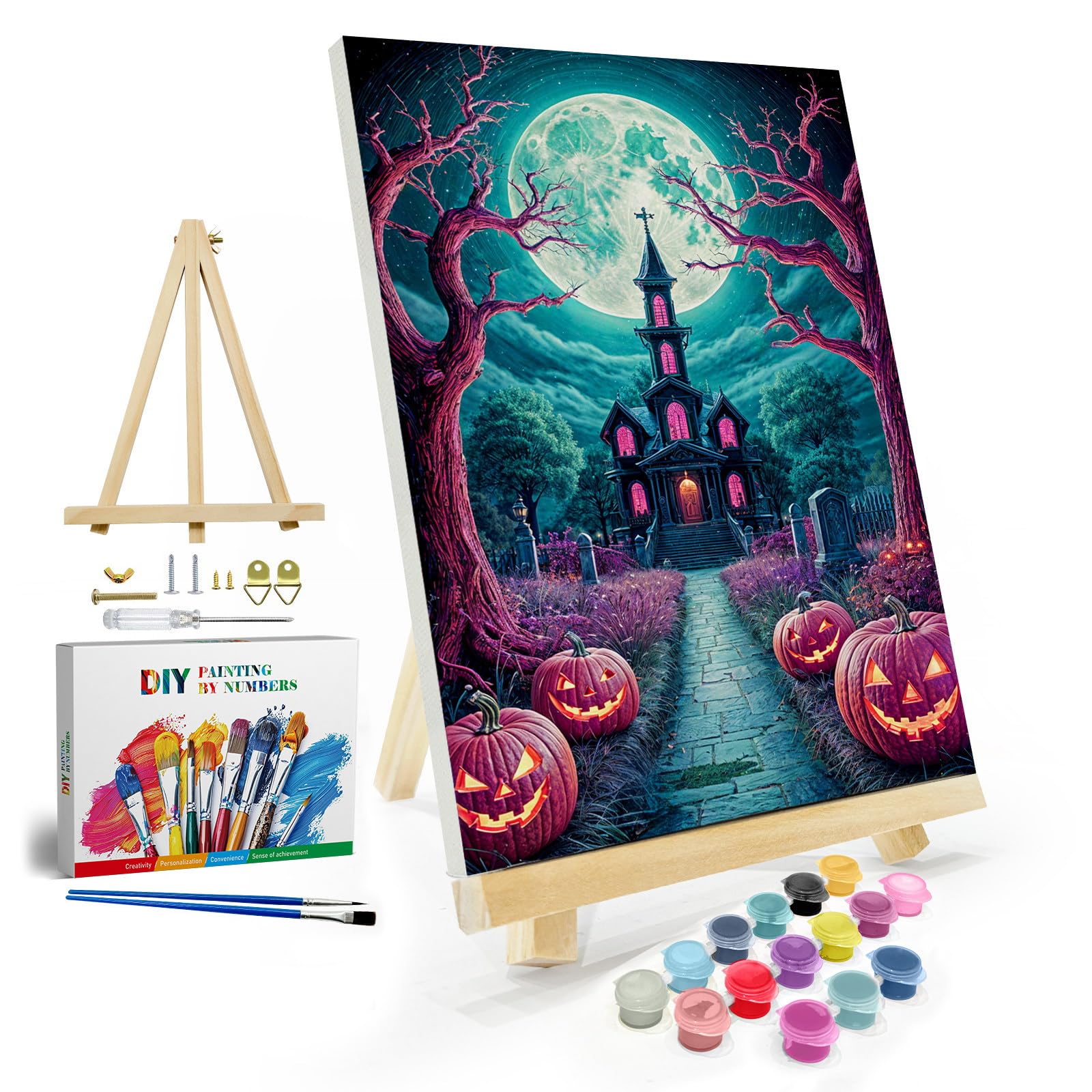 Photo 1 of JOOZ Halloween Paint by Numbers Kit for Adults with Frame, Moon Castle Pumpkin Paint by Number with Easel, DIY Halloween Framed Paint by Number Kits for Home Wall Decor 8x12 Inch