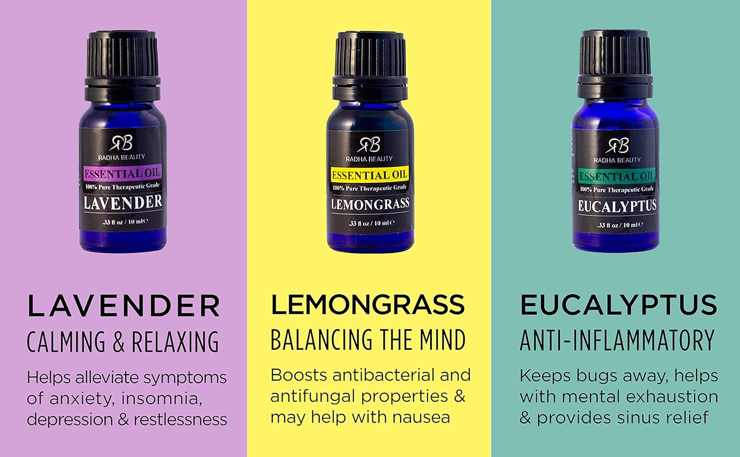 Radha Beauty Aromatherapy Top 6 Essential Oils (Lavender, Tea Tree, Eucalyptus, Lemongrass, Orange, Peppermint) - 100% Natural Basic Gift Set for Aromatherapy, Diffusers, Soap, DIY Skincare : Beauty