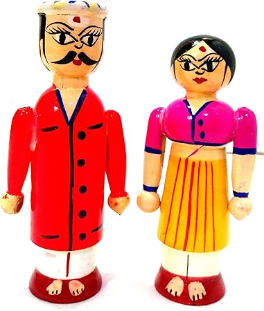 Crafts India Handcrafted Wooden Dolls- South Indian Couple Doll - Small 12 cms