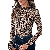 SOLY HUX Women's Leopard Print Tops Mock Neck Long Sleeve Going Out Tops Y2K Fitted Shirt Mesh Cheetah Print Top