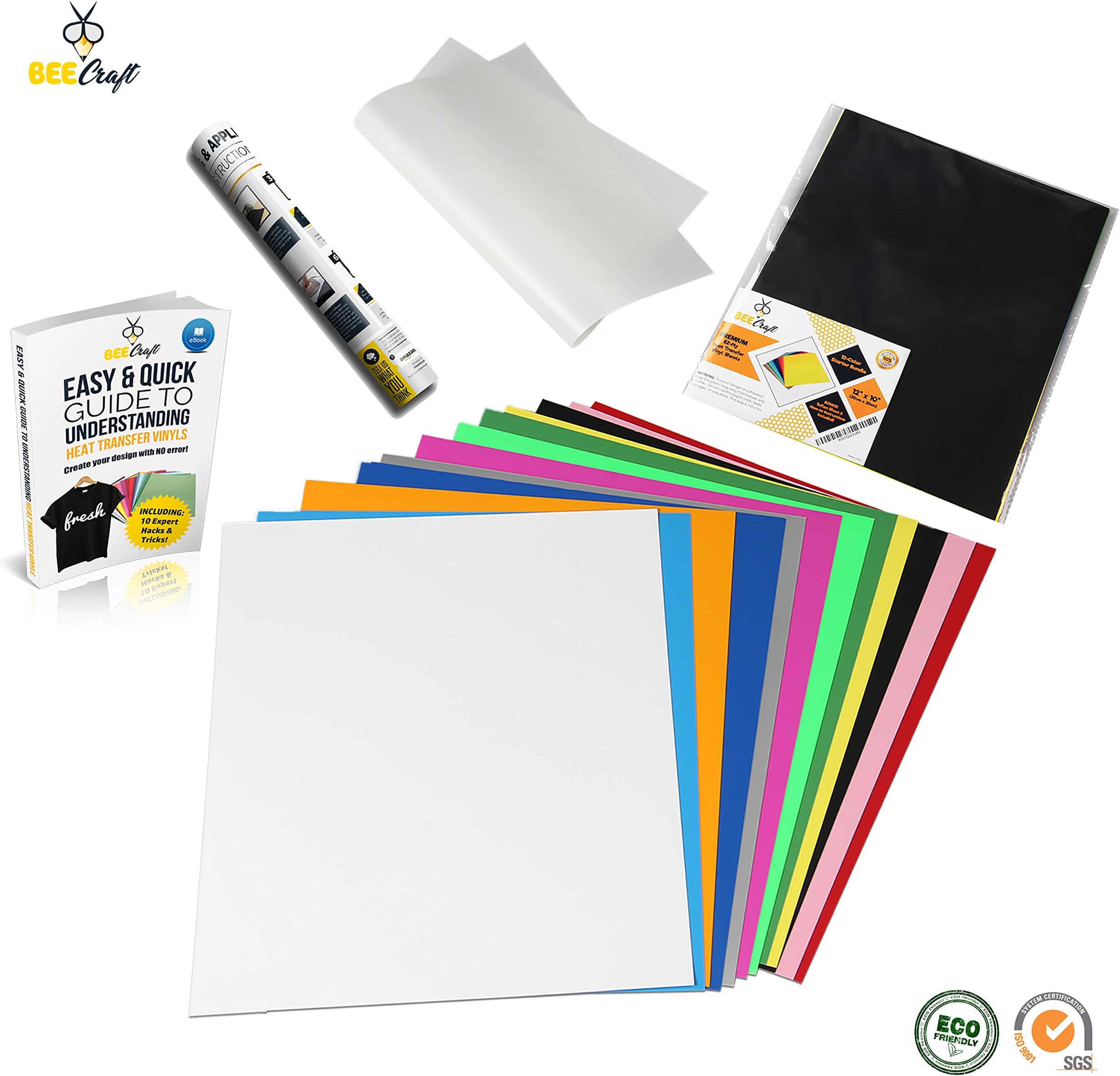 BeeCraft Ez-Ply Heat Transfer Vinyl Bundle | 12 Sheets + 1 Bonus Teflon Sheet, E-Book & Instructions | 100% PU HTV | 12”x10” | Great for DIY T-Shirts on Cricut, Silhouette Cameo, Heat Press & Iron-On