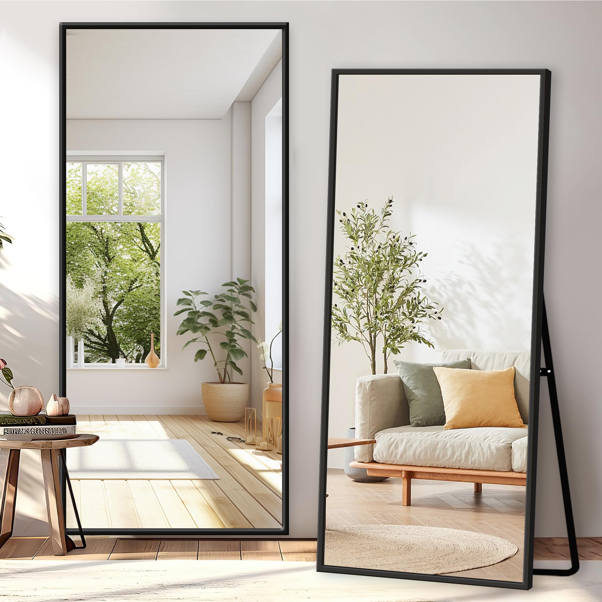 Photo 1 of GlasFlength Full Body Mirror with Stand, 71" x 32" Full Length Mirror with Aluminum Alloy Frame Wall-Mounted/Leaning Against Wall/Floor Standing Mirror for Home Decor, Black