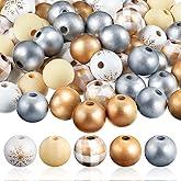 Canlierr 200 Pcs Christmas Wood Beads Craft Winter Silver White Gold Snowflake Pattern Wood Beads Craft Rustic Farmhouse Tiered Tray Decor Garland for Xmas DIY Bracelet Necklace Home Party Decor
