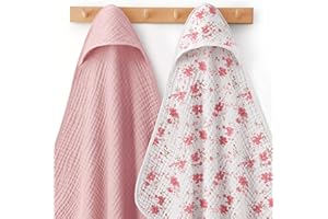 Looxii Baby Bath Towels 2 Pack Muslin Hooded Baby Towels for Newborn and Infants, 100% Cotton, Large 32x32Inch, Soft and Absorbent Pink+Flowers