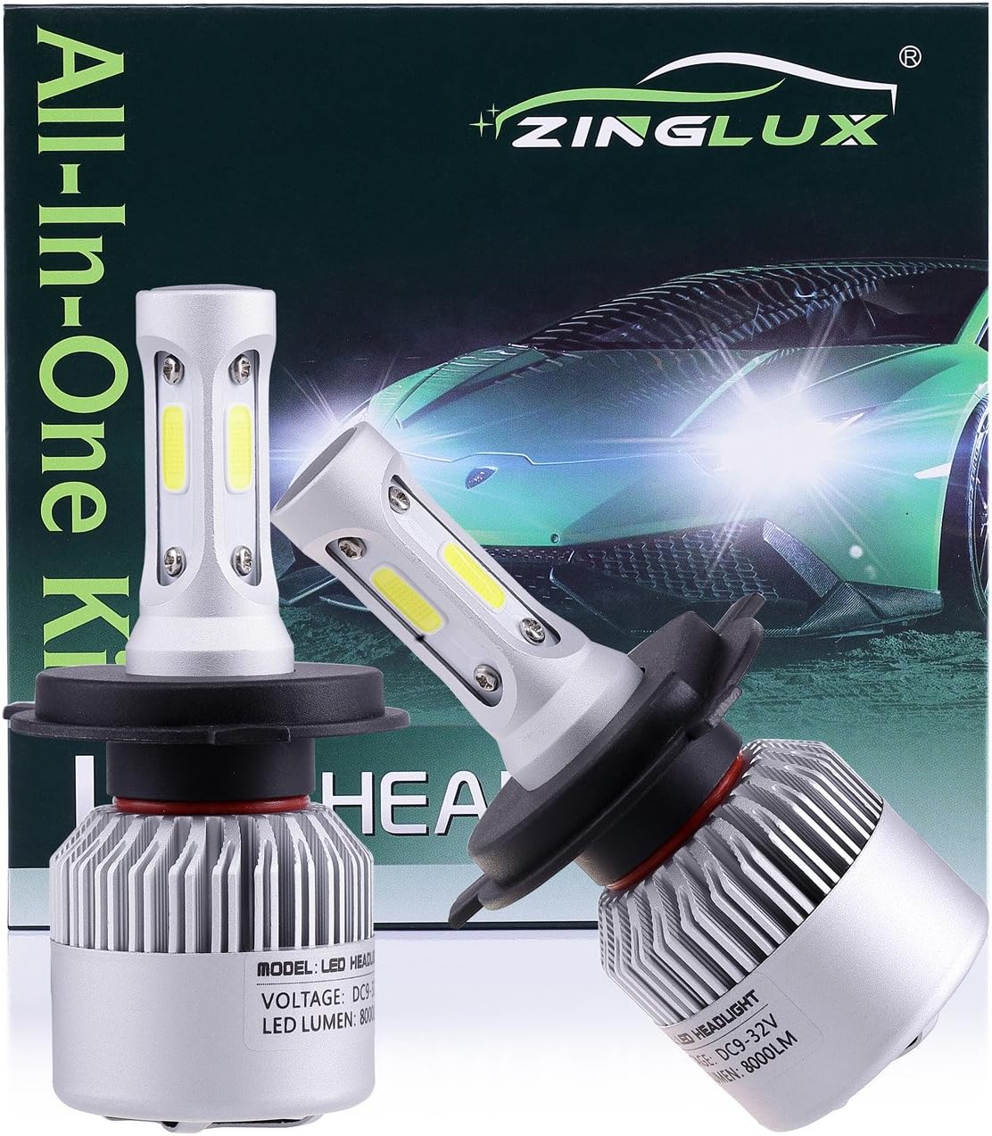 ZX2 H4 HB2 9003 8000LM LED High Low Dual Beam Headlight Conversion Kit,High Low Beam in One Bulb,for Replacing Halogen Headlamp All-in-One Conversion Kits,COB Tech,6500K Xenon White, 1 Pair